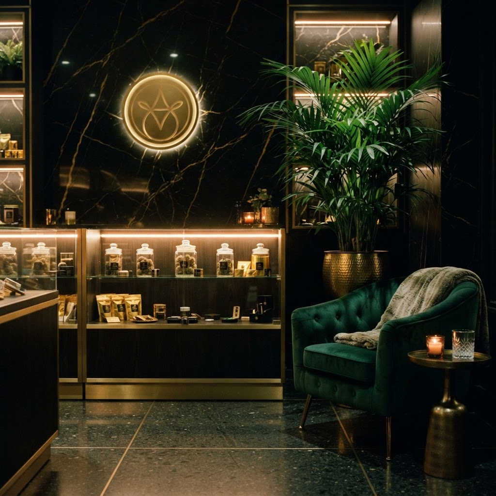 Inside the Cancun Weed Club boutique — illuminated display cases of curated products under warm amber light